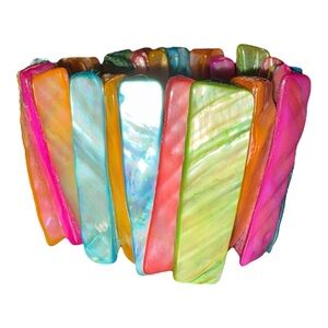 Multicolor Shell Slab Stretch Bracelet – Chunky Boho Statement Beach Jewelry J18